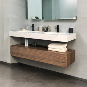 MARBLE LOOK WASTAFEL CALCATTA & EIKEN WALNOOT LADEKAST (150cm)