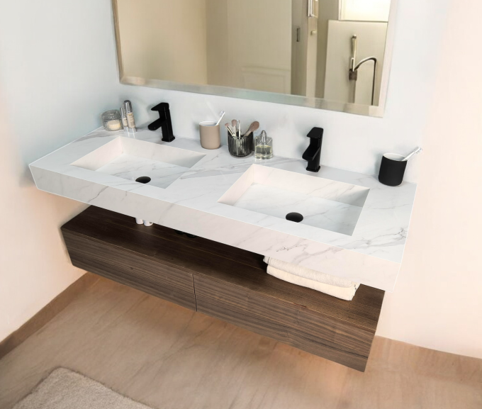 MARBLE LOOK WASTAFEL CALCATTA & EIKEN WALNOOT LADEKAST (150cm)